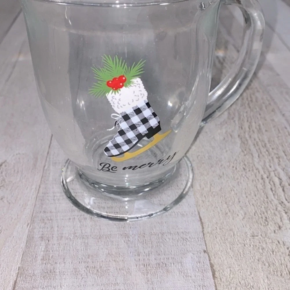 Be Merry glass Christmas mug Buffalo check ice skate